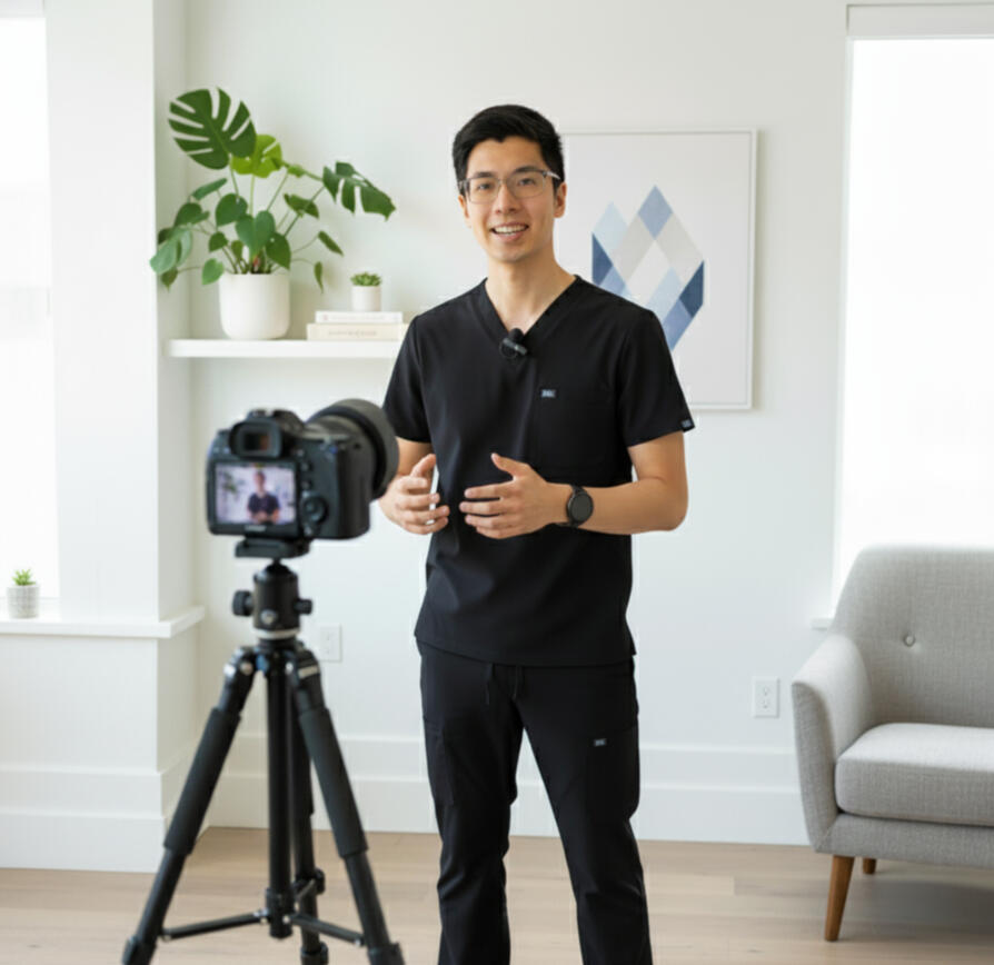 Dr Mark Nguyen recording social media content in black scrubs for @myo_mark